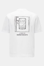 Back view of the 04651/ A trip in a bag T-shirt 'Nunu' white showing a Copenhagen-inspired black print with "A TRIP TO KØBENHAVN" text, crew neck, regular fit, pure cotton, soft feel.