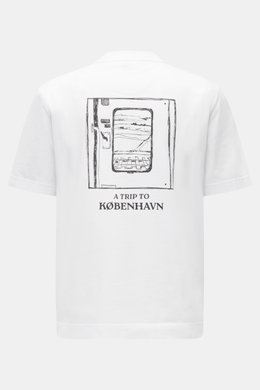 Back view of the 04651/ A trip in a bag T-shirt 'Nunu' white showing a Copenhagen-inspired black print with "A TRIP TO KØBENHAVN" text, crew neck, regular fit, pure cotton, soft feel.