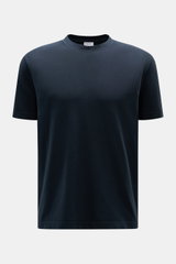 Front view of the 04651/ A trip in a bag Piqué T-shirt navy, a slim fit summer essential with pure piqué cotton, crew neck, robust feel, woven side label, and ribbed bands.