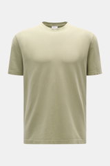 Front view of the 04651/ A trip in a bag Piqué T-shirt sage in light green with crew neck and short sleeves, pure piqué cotton.

<p>Summer essential: This piqué T-shirt from 04651/ A TRIP IN A BAG is a versatile staple that's perfect for warm days.</p>
<u