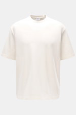 Frontansicht des cremefarbenen 04651/ A trip in a bag Rundhals-T-Shirts 'If Tee' aus elastischer Baumwolle, oversized, weich, schwer, mit Weblabel.