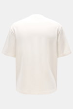 Rückansicht des cremefarbenen 04651/ A trip in a bag Rundhals-T-Shirts 'If Tee' aus elastischer Baumwolle, Oversized Fit, Weblabel seitlich.