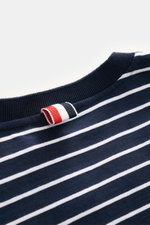 Nahaufnahme von Thom Browne Rundhals-T-Shirt navy/weiß gestreift, Blick auf gerippten Rundhalsausschnitt mit markentypischem Streifenband, reine Baumwolle, weicher Griff, klassisches Streifenmuster, Slim Fit, aufgesetzte Brusttasche, verlängerte Rückseite