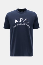 A.P.C. Rundhals-T-Shirt navy aus weichem Baumwoll-Jersey mit Regular Fit und Logo-Stitching, frontal fotografiert, legerer Sommerlook.