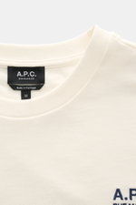 Nahaufnahme des A.P.C. Rundhals-T-Shirts 'Standard Rue Madame' offwhite aus weichem Baumwoll-Jersey mit Logo-Stickerei, Regular Fit, Rundhalsausschnitt.