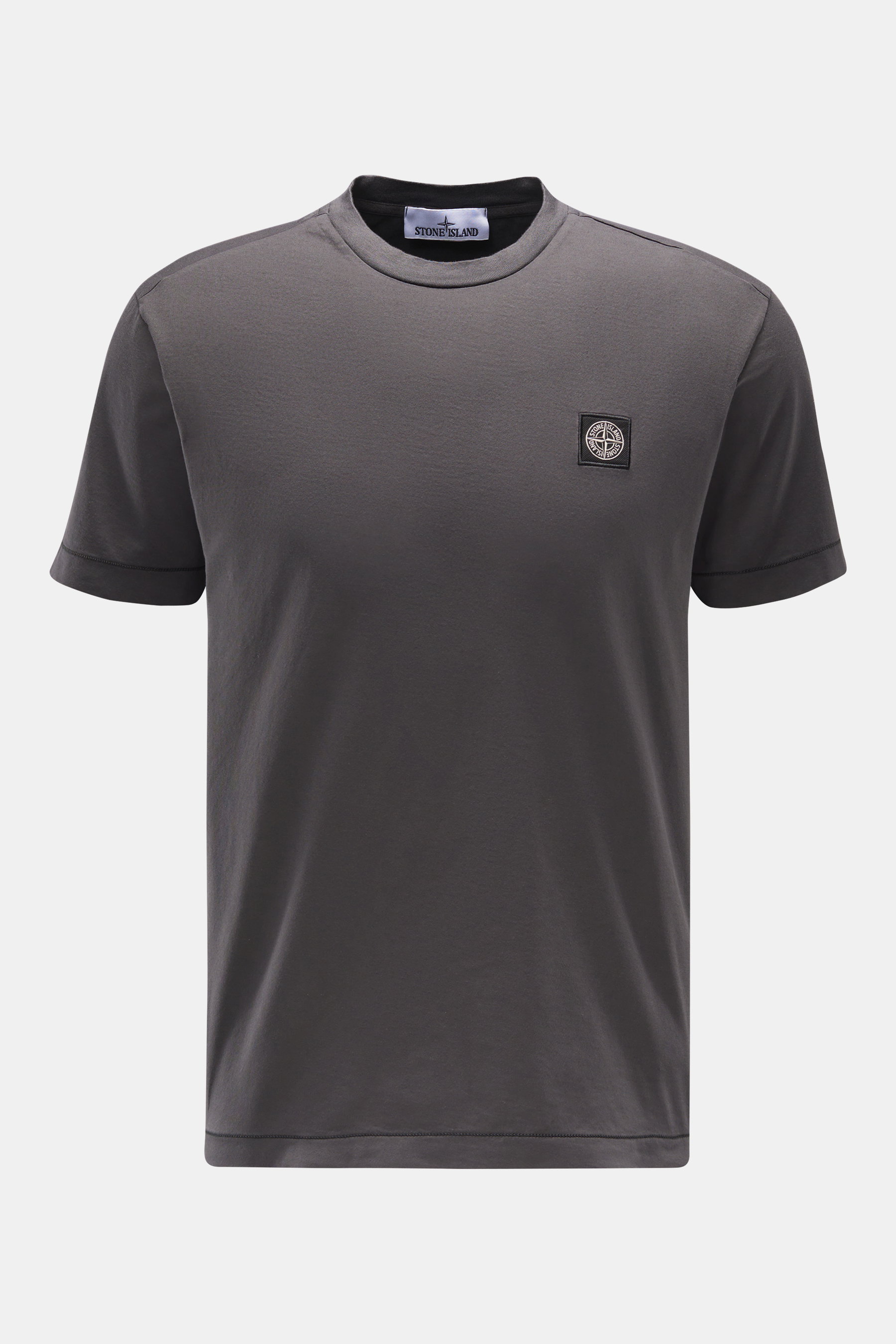 Front view of Stone Island T-Shirt 'Basic Cotton' dark grey in slim fit, pure cotton with soft feel, round neckline, and woven label on chest.