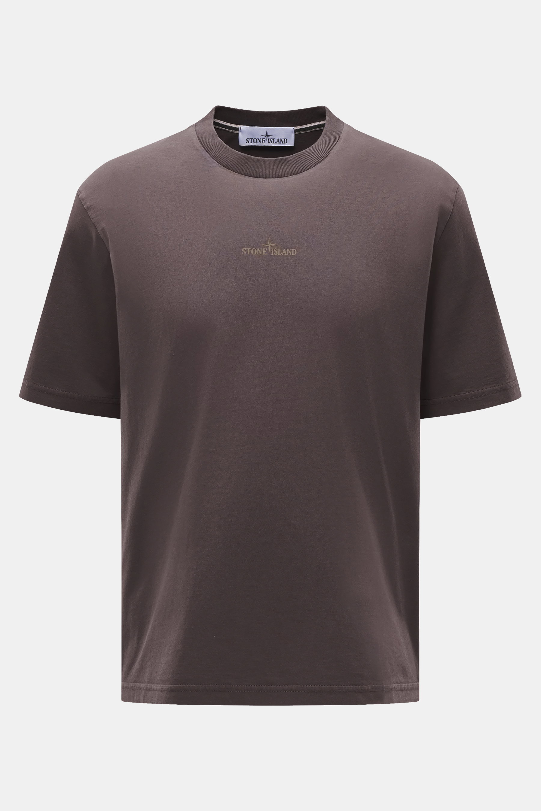 Stone Island Rundhals-T-Shirt 'Printed Tee' mauve, frontale Nahaufnahme, Bio-Baumwolle, weicher Griff, STONE ISLAND-Print mittig, Rundhalsausschnitt, Regular Fit