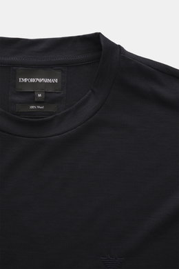 Emporio Armani Crew neck T-Shirt dark navy shown from a top front angle, made of pure wool, soft feel, slim fit, with logo stitching on the chest.