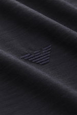 Close-up front view of the Emporio Armani Crew neck T-Shirt dark navy showing pure wool fabric, soft feel, slim fit, and logo stitching on the chest.