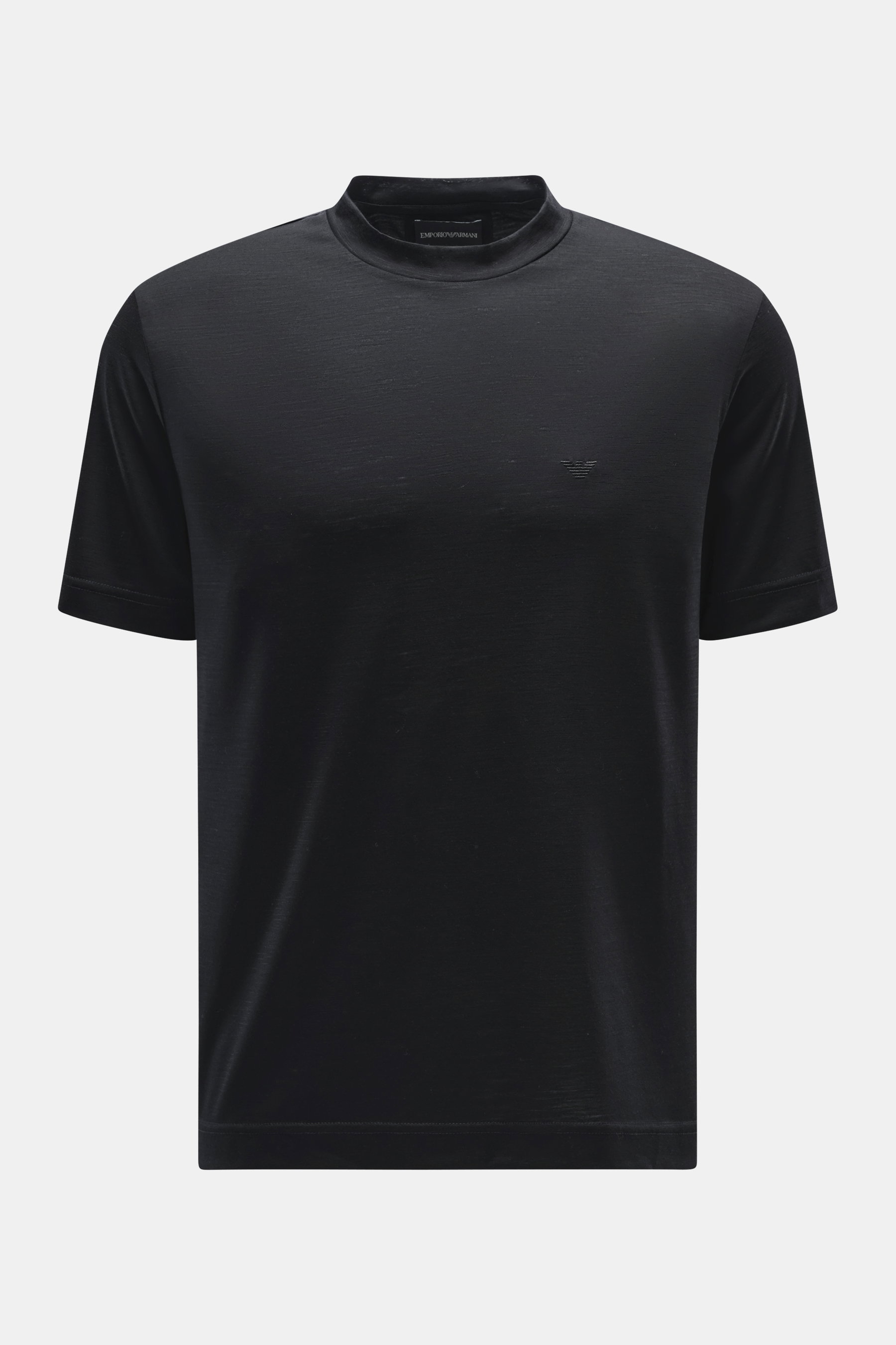 Front view of Emporio Armani Crew neck T-Shirt black, made of pure wool with a soft feel, slim fit, and logo stitching on the chest.
