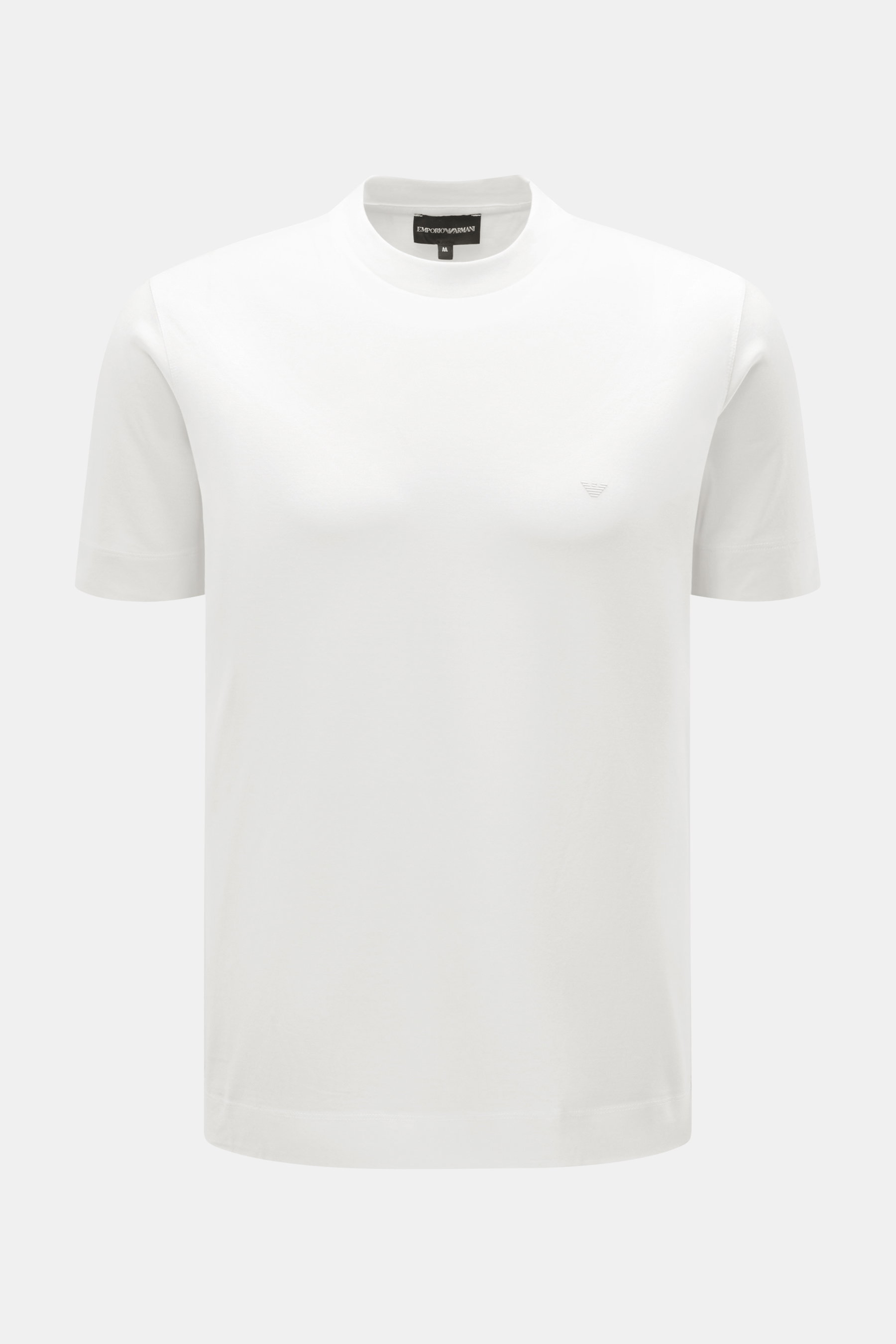 Emporio Armani Rundhals-T-Shirt offwhite, frontal fotografiert, Slim Fit, Jersey aus Lyocell und Baumwolle, weicher Griff, Logo-Detail auf der Brust.
