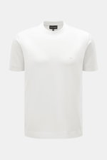 Emporio Armani Rundhals-T-Shirt offwhite, frontal fotografiert, Slim Fit, Jersey aus Lyocell und Baumwolle, weicher Griff, Logo-Detail auf der Brust.