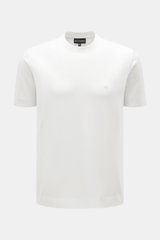 Emporio Armani Rundhals-T-Shirt offwhite, frontal fotografiert, Slim Fit, Jersey aus Lyocell und Baumwolle, weicher Griff, Logo-Detail auf der Brust.