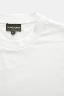 Emporio Armani Rundhals-T-Shirt offwhite, Nahaufnahme von oben, Jersey aus Lyocell und Baumwolle, weicher Griff, Slim Fit, Logo-Detail auf der Brust.