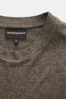 Emporio Armani Rundhals-T-Shirt graubraun meliert, Nahaufnahme von Kragen und Label, Jersey aus Baumwolle, Regular Fit, Logo-Stitching