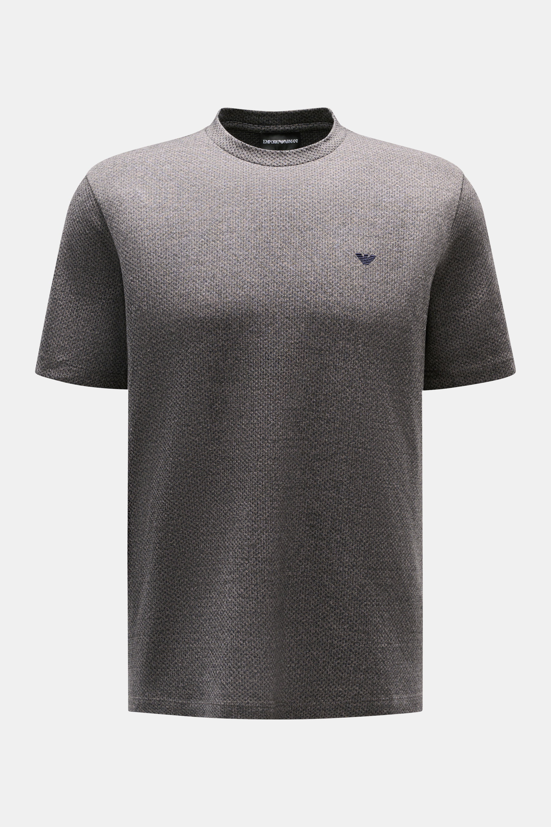 Emporio Armani Dark Grey Melange Crew Neck T-Shirt shown from the front, featuring a lightly textured cotton microfiber jersey, regular fit, and logo stitching on the chest. Puristic elegance for everyday wear complements casual outfits with timeless aest