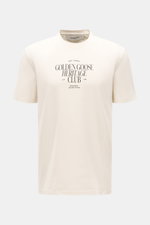 Golden Goose Rundhals-T-Shirt creme, frontale Nahaufnahme, Baumwolle, Regular Fit, Rundhalsausschnitt, Logo-Schriftzug, schwere Qualität, urbaner Eyecatcher.