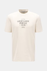 Golden Goose Rundhals-T-Shirt creme, frontale Nahaufnahme, Baumwolle, Regular Fit, Rundhalsausschnitt, Logo-Schriftzug, schwere Qualität, urbaner Eyecatcher.