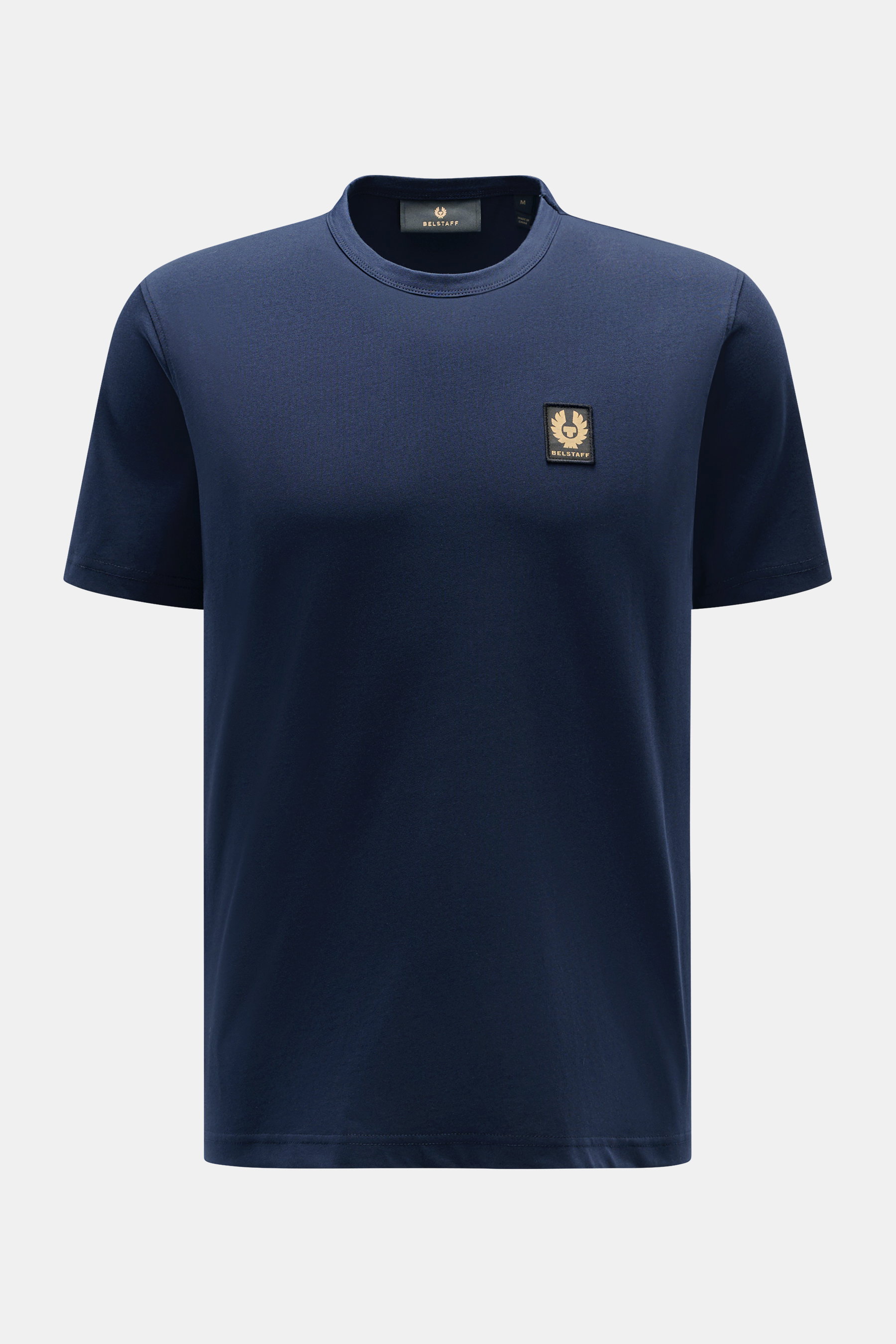 Belstaff Rundhals-T-Shirt navy aus weichem Baumwoll-Jersey, Slim Fit, mit dezentem Weblabel, frontal und nah fotografiert.