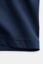 Belstaff Crew neck T-shirt navy close-up from the side showing lightweight cotton jersey fabric, soft feel, slim fit, and stitching details.