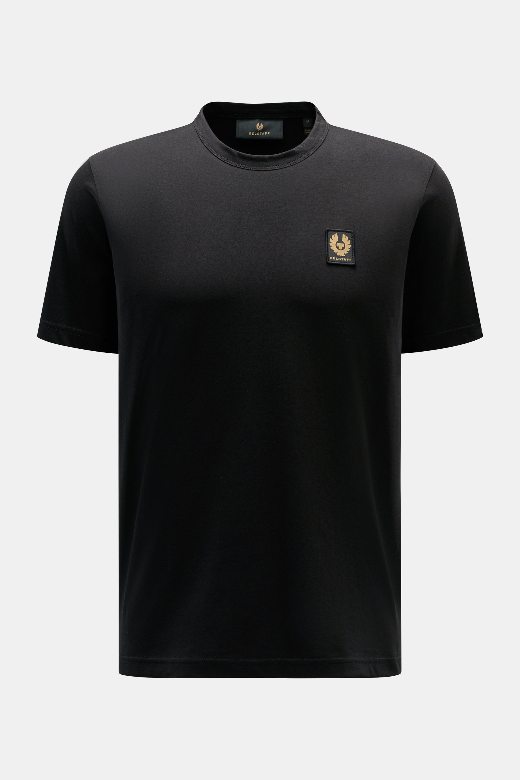 Belstaff Rundhals-T-Shirt schwarz, frontal von oben fotografiert, Slim Fit, weicher Baumwoll-Jersey, rundem Ausschnitt, dezentes Weblabel.