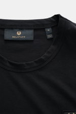 Belstaff Crew neck T-shirt black shown from a close-up top front perspective, featuring a slim fit, pure cotton jersey, soft feel, crew neck, and subtle BELSTAFF woven label. Uncomplicated and authentic, perfect for relaxed downtime looks.