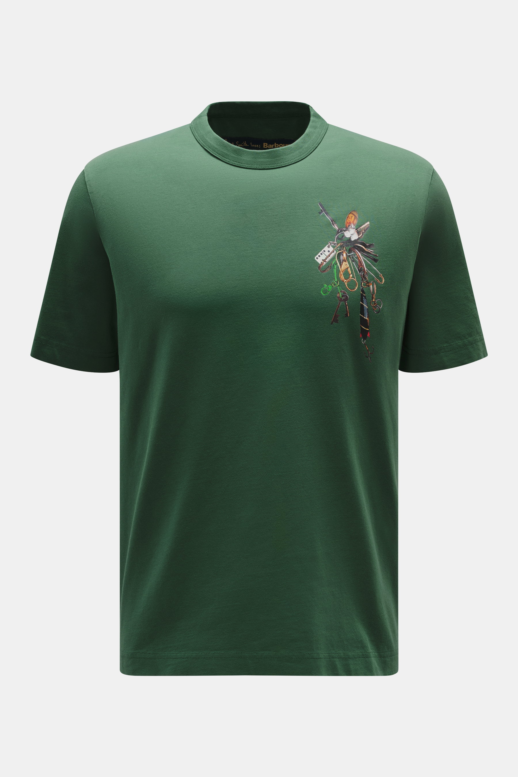 Barbour Rundhals-T-Shirt grün, Frontansicht mit Schlüsselbund-Print auf der Brust, Regular Fit, reine Baumwolle, weiche Qualität, Weblabel hinten