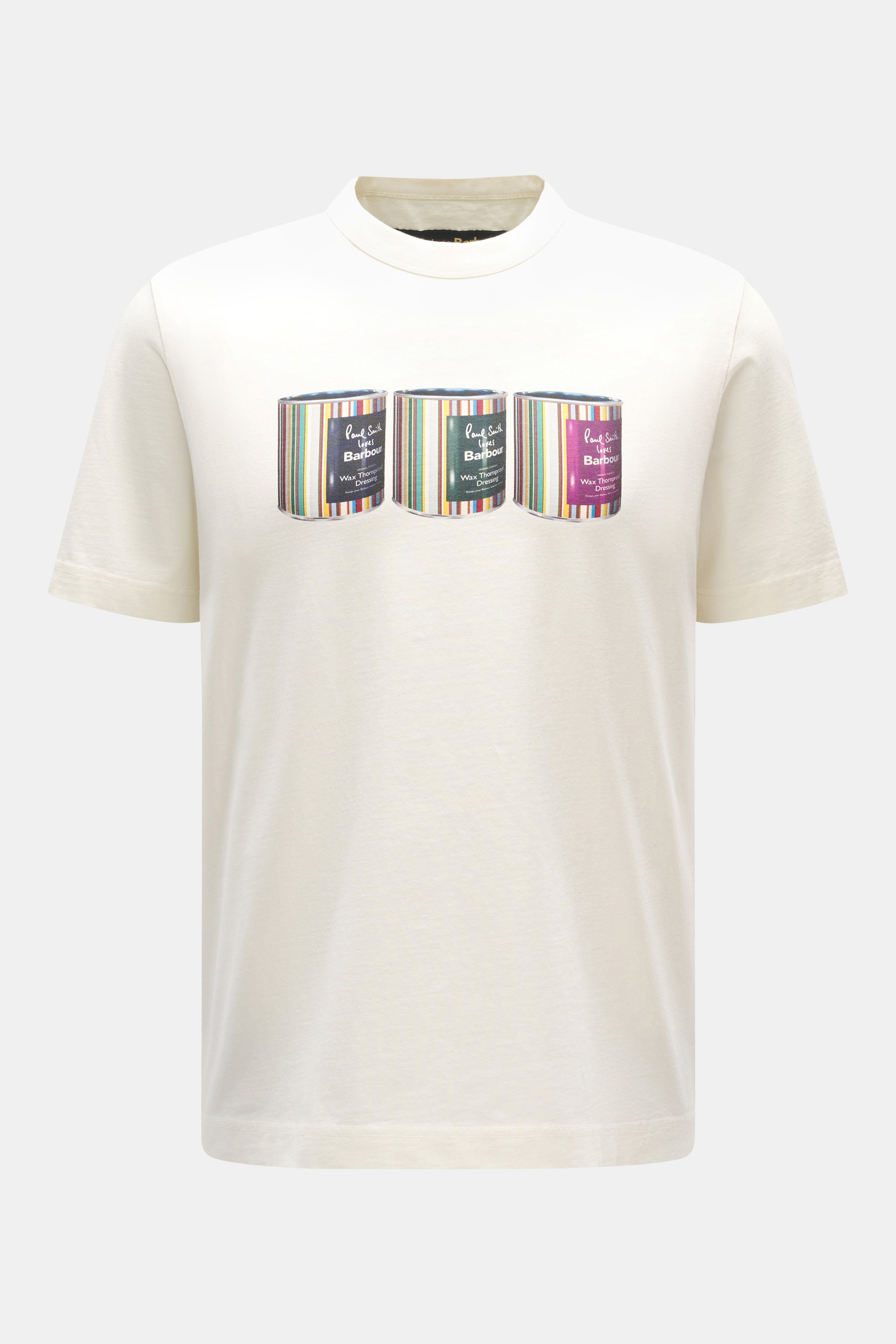 Barbour Rundhals-T-Shirt creme, Frontansicht, Print mit drei bunten Barbour-Wax-Dosen, reine Baumwolle, Regular Fit, weiche Qualität, rückwärtiges Weblabel.