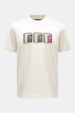 Barbour Rundhals-T-Shirt creme, Frontansicht, Print mit drei bunten Barbour-Wax-Dosen, reine Baumwolle, Regular Fit, weiche Qualität, rückwärtiges Weblabel.