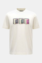 Barbour Rundhals-T-Shirt creme, Frontansicht, Print mit drei bunten Barbour-Wax-Dosen, reine Baumwolle, Regular Fit, weiche Qualität, rückwärtiges Weblabel.