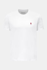 Ami Paris Crew Neck T-Shirt white shown from the front, slim fit jersey made of pure cotton with crew neckline, soft touch, red heart stitching on chest, and tonal AMI stitching on back.