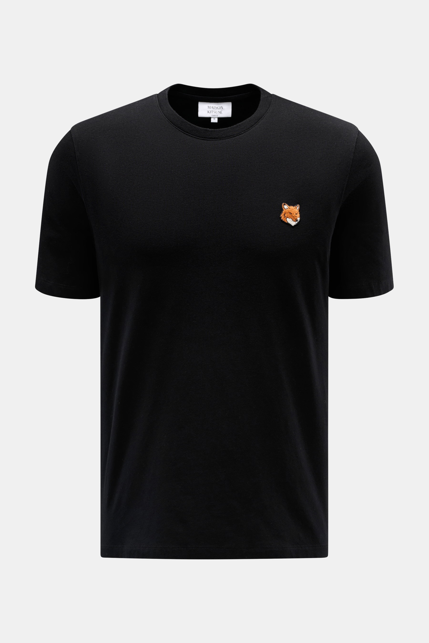 Maison Kitsuné Crew Neck T-Shirt 'Fox Head' black shown from front, black slim fit cotton jersey with crew neckline and fox patch. Sporty essential from MAISON KITSUNÉ: With the typical fox patch on the chest, this shirt will be a favorite piece in your c