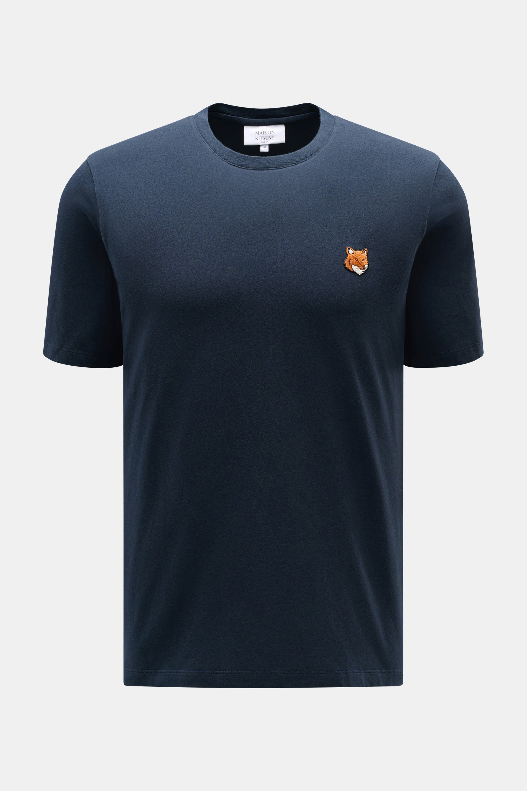 Front view of Maison Kitsuné Crew Neck T-Shirt 'Fox Head' navy with slim fit, crew neckline, soft pure cotton jersey, and signature fox patch on chest.