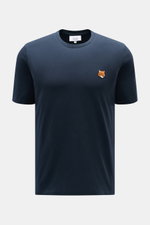 Front view of Maison Kitsuné Crew Neck T-Shirt 'Fox Head' navy with slim fit, crew neckline, soft pure cotton jersey, and signature fox patch on chest.