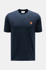 Front view of Maison Kitsuné Crew Neck T-Shirt 'Fox Head' navy with slim fit, crew neckline, soft pure cotton jersey, and signature fox patch on chest.