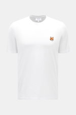 Maison Kitsuné Crew Neck T-Shirt 'Fox Head' white shown from front, slim fit jersey cotton with soft feel and fox patch on chest.