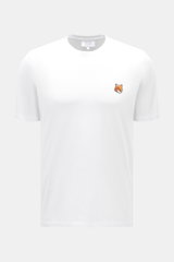 Maison Kitsuné Crew Neck T-Shirt 'Fox Head' white shown from front, slim fit jersey cotton with soft feel and fox patch on chest.