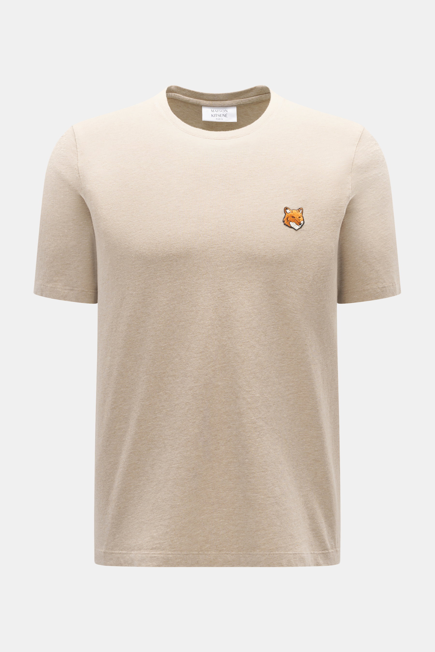 Maison Kitsuné Crew Neck T-Shirt 'Fox Head' beige melange shown from front, slim fit jersey cotton with soft feel, crew neckline, and fox patch.