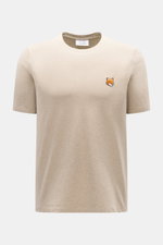 Maison Kitsuné Crew Neck T-Shirt 'Fox Head' beige melange shown from front, slim fit jersey cotton with soft feel, crew neckline, and fox patch.