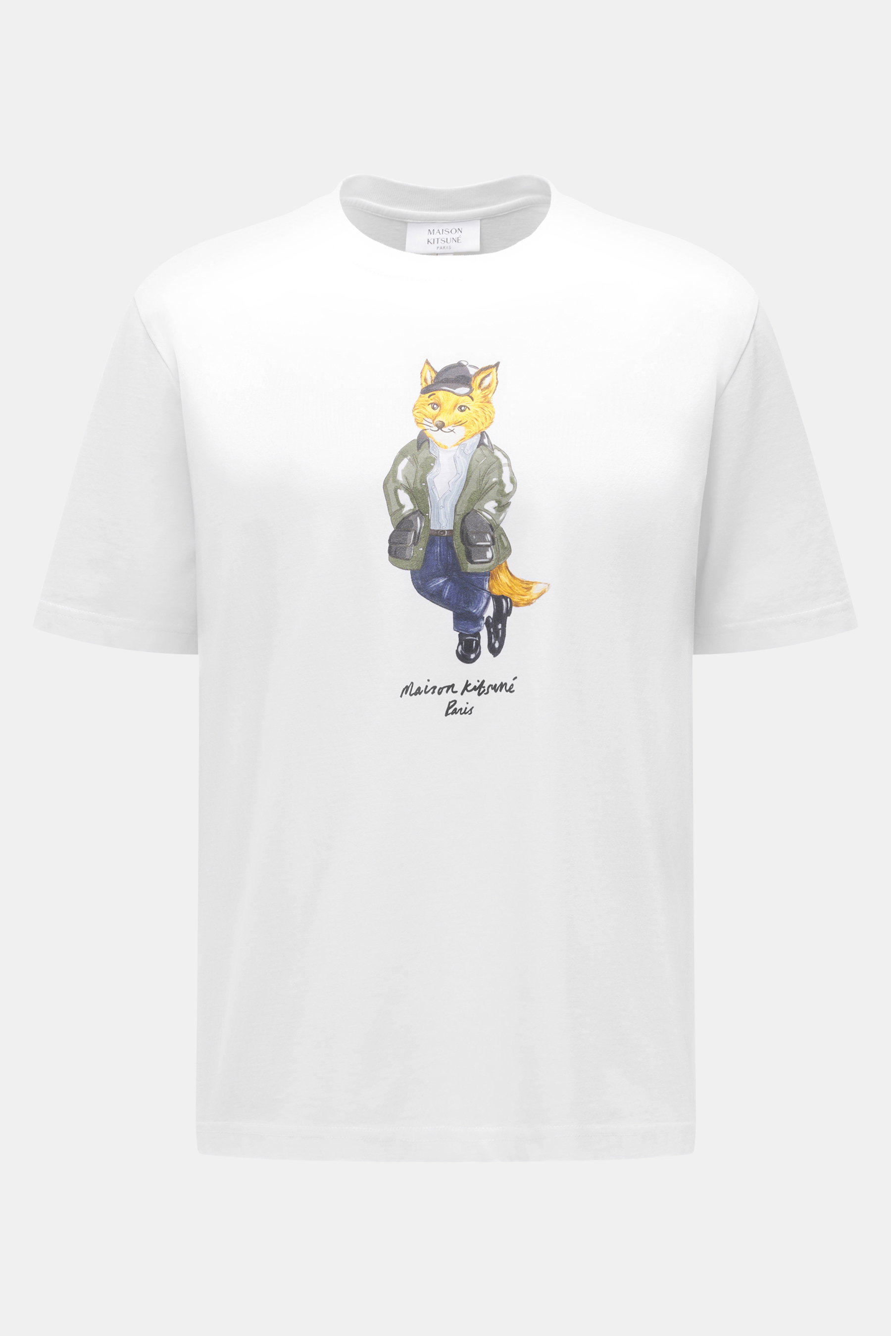 Maison Kitsuné White crew neck T-Shirt, front view, pure cotton, slightly textured feel, regular fit, boxy cut, crew neckline, distinctive fox print on chest.