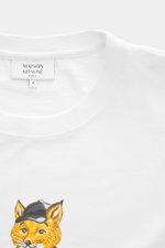 Maison Kitsuné White crew neck T-Shirt photographed from above, showing pure cotton, slightly textured feel, regular fit, boxy cut, crew neckline, and distinctive fox print on the chest.