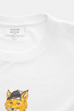 Maison Kitsuné White crew neck T-Shirt photographed from above, showing pure cotton, slightly textured feel, regular fit, boxy cut, crew neckline, and distinctive fox print on the chest.