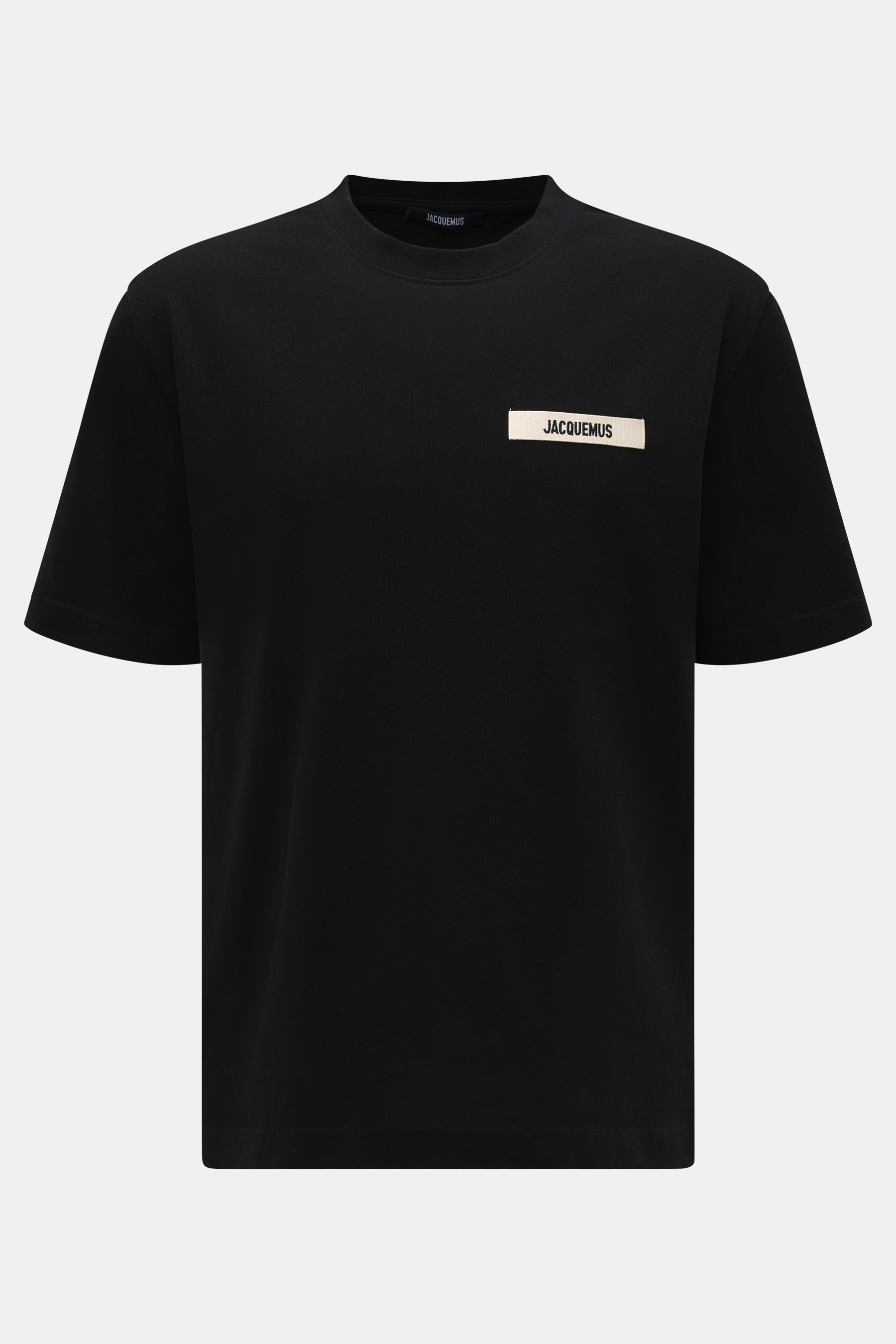 Front view of Jacquemus Crew Neck T-Shirt Black, pure cotton, soft touch, slim fit, with grosgrain and logo stitching on chest.