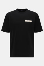 Front view of Jacquemus Crew Neck T-Shirt Black, pure cotton, soft touch, slim fit, with grosgrain and logo stitching on chest.