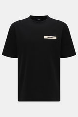 Front view of Jacquemus Crew Neck T-Shirt Black, pure cotton, soft touch, slim fit, with grosgrain and logo stitching on chest.