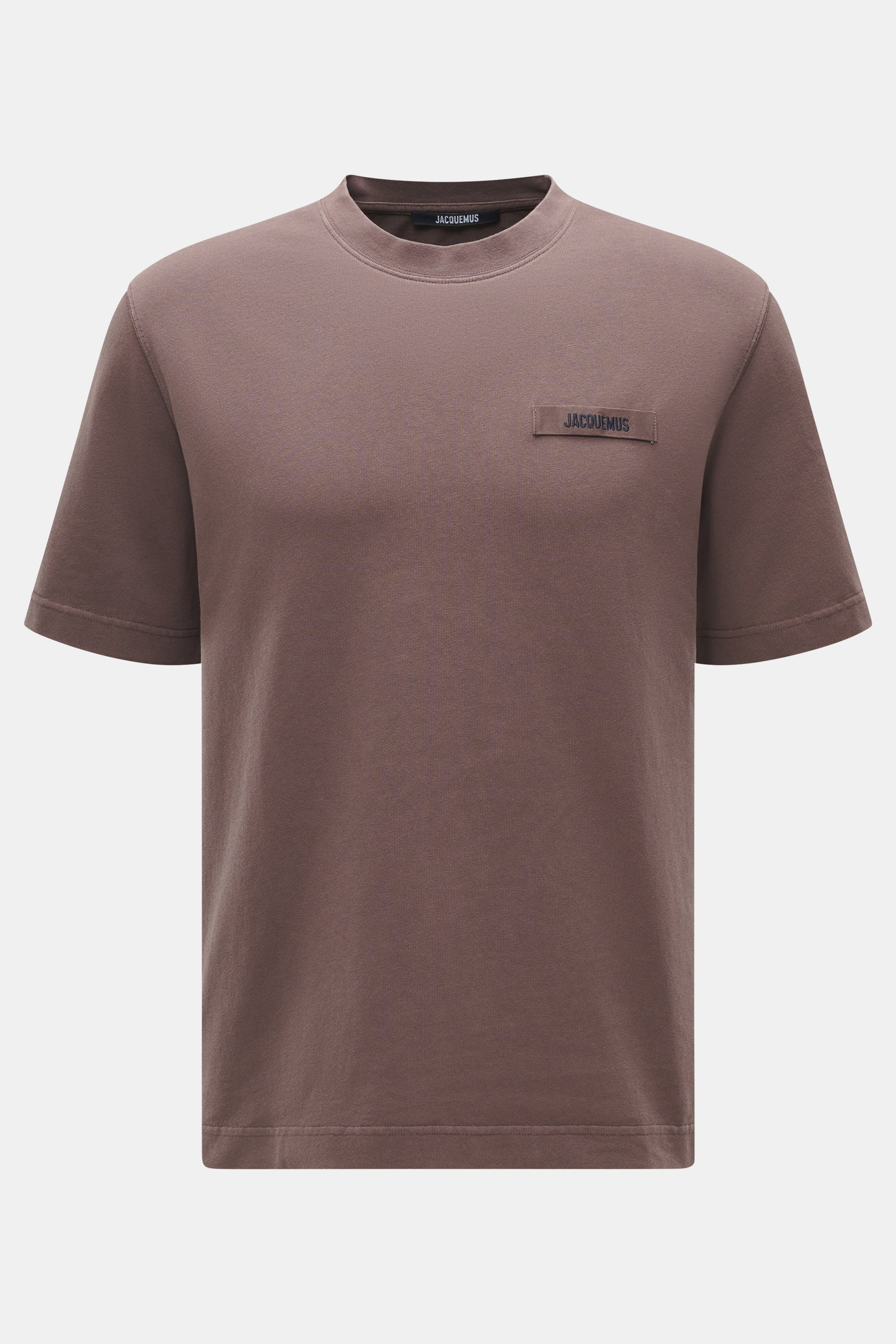 Front view of Jacquemus Crew Neck T-Shirt Grey Brown in pure cotton, soft touch, slim fit, with Grosgrain logo stitching on chest.