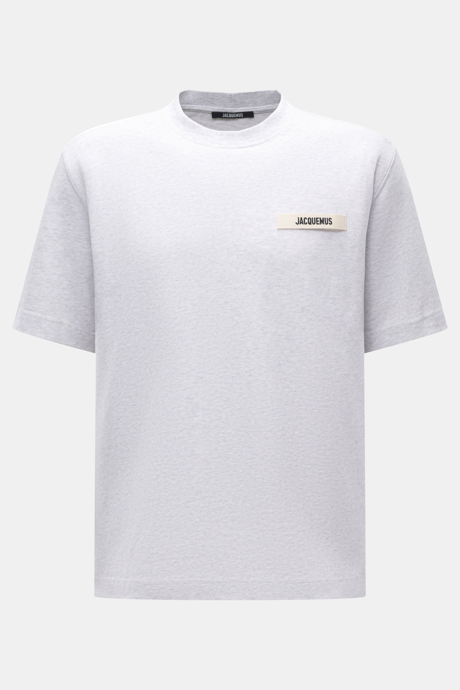 Jacquemus Rundhals-T-Shirt hellgrau meliert, Slim Fit, reine Baumwolle, weicher Griff, Grosgrain mit Logo-Stitching, Frontaufnahme.