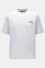 Front view of Jacquemus Crew Neck T-Shirt light grey melange, featuring pure cotton, soft touch, slim fit, and grosgrain with logo stitching on chest.