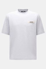 Front view of Jacquemus Crew Neck T-Shirt light grey melange, featuring pure cotton, soft touch, slim fit, and grosgrain with logo stitching on chest.
