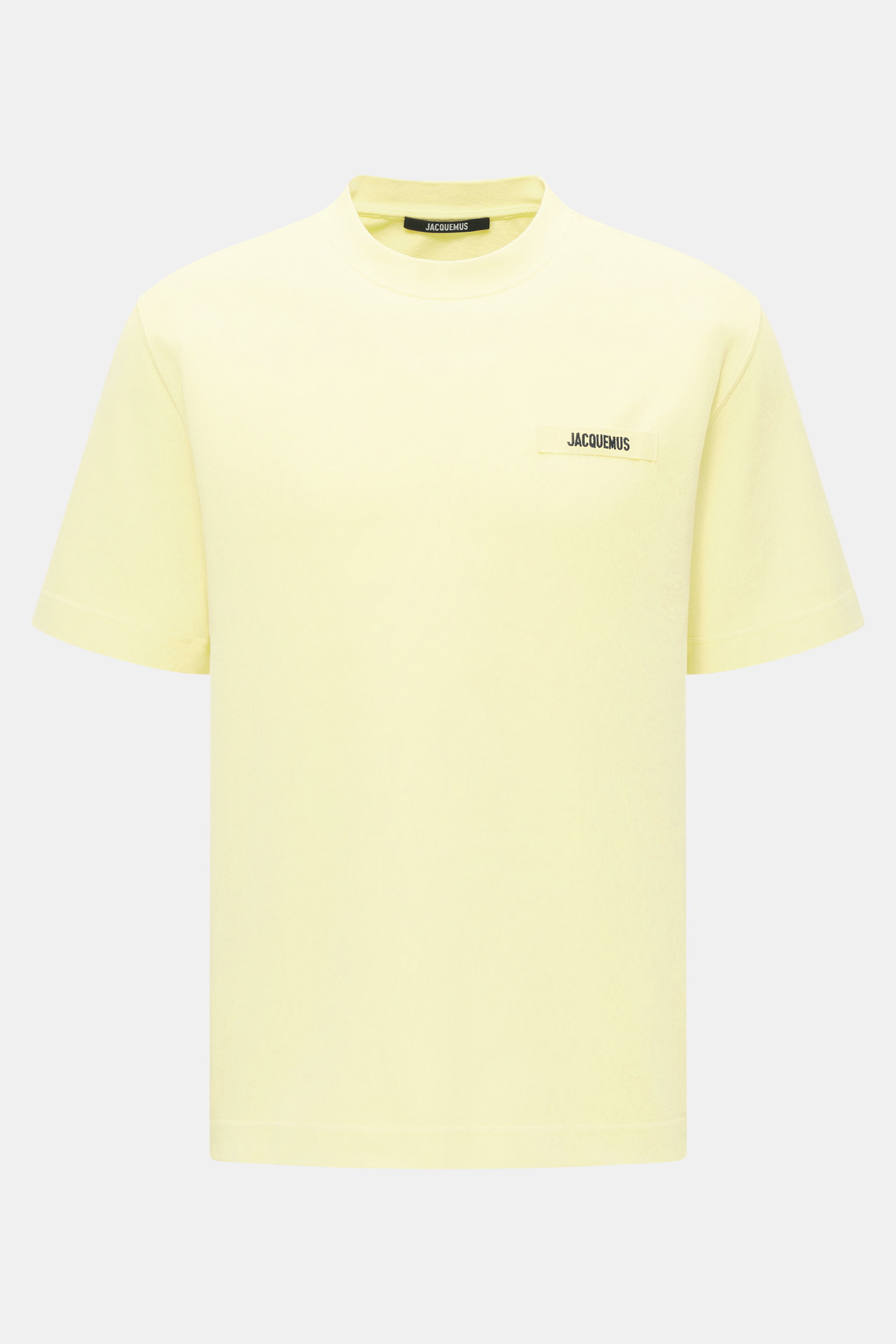 Jacquemus Crew Neck T-Shirt light yellow shown from front, pure cotton, soft touch, slim fit, Grosgrain with logo stitching on chest.